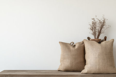 Two burlap pillows rest on a rustic wooden table complemented by a small vase of dried flowers above. The neutral background enhances the natural textures and warm colors.の素材