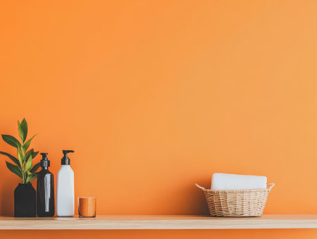 A clean bright shelf features black and white containers a candle and a woven basket. Fresh green leaves add a touch of nature against the vibrant orange wall creating a modern aesthetic.の素材