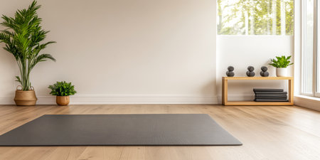 A serene yoga studio is set up with a dark exercise mat on the wooden floor.の素材