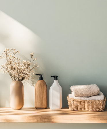 Soft sunlight illuminates a wooden shelf showcasing two stylish bottles fresh flowers and neatly stacked towels. The soothing colors create a tranquil atmosphere for relaxation.の素材