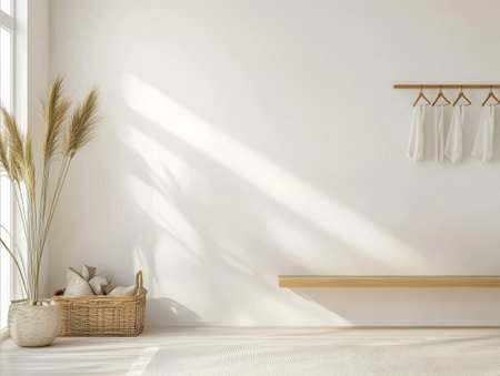 A spacious room features soft sunlight streaming through large windows.の素材