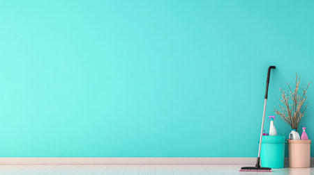 A vibrant turquoise wall serves as the backdrop for cleaning supplies including a broom spray bottles and a bucket. The room appears neat and organized enhancing the bright colors.の素材