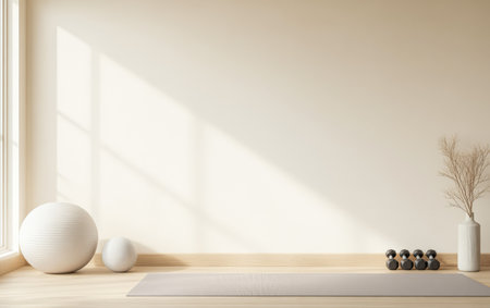 Bright and serene exercise space features a yoga mat on the wooden floor along with a set of weights and decorative elements. Sunlight filters through the windows enhancing the calm atmosphere.の素材