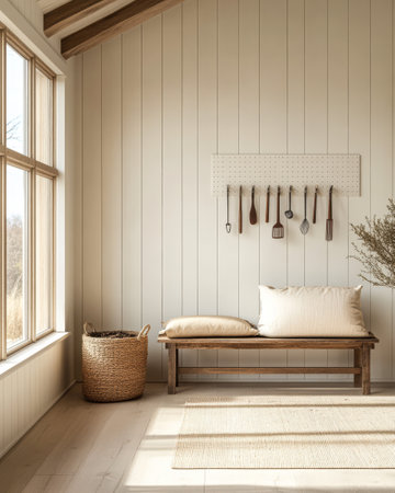 A bright and airy interior showcases a wooden bench with a cushion natural light streaming through large windows. Kitchen utensils hang on the wall adding a rustic touch to the space.の素材