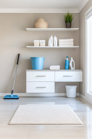 A well-organized cleaning area features white cabinets with neatly arranged supplies including a blue bucket cleaning solutions and folded towels creating an inviting and efficient atmosphere.の素材