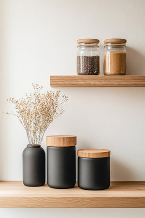 A minimalist kitchen arrangement showcases three dark jars with bamboo lids alongside a vase of dried flowers. The sleek wooden shelves enhance the contemporary aesthetic.の素材