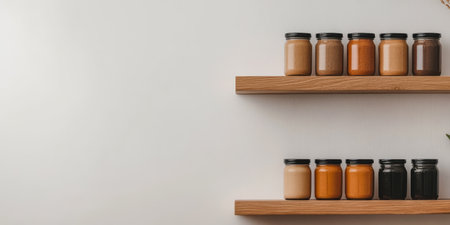 A collection of jars filled with various condiments in shades of brown and orange is neatly arranged on wooden shelves. The minimalist kitchen background emphasizes the jars' colors.の素材