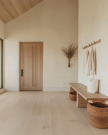 A welcoming entrance hall features a wooden bench woven baskets and minimalist decor. Natural light enhances the calming atmosphere creating an inviting space for guests.の素材