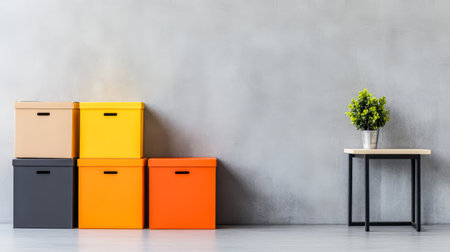 Five vibrant storage boxes in shades of beige yellow orange and black are neatly stacked against a gray wall. A small table with a potted plant stands beside them enhancing the decor.の素材