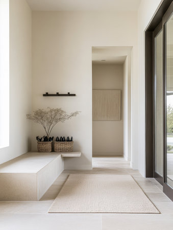A contemporary hallway features a light-colored stone bench and minimalist wall art. Two baskets filled with footwear sit beside a decorative plant creating an inviting atmosphere.の素材