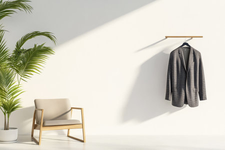 A stylish blazer hangs on a wooden rod against a minimalist wall while a modern chair with a light cushion sits nearby. Lush greenery adds a touch of freshness to the bright space.の素材