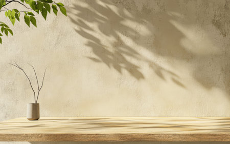 A simple wooden table showcases a small vase with a twig while soft shadows from greenery dance on the muted wall creating a peaceful and calming ambiance.の素材