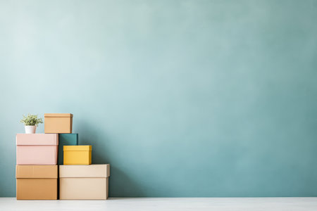 A collection of neatly stacked boxes in various colors sits beside a small green plant against a soft teal wall creating a modern and minimalistic aesthetic in an interior space.の素材