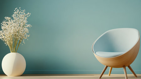 A stylish modern chair with a light blue cushion sits next to a round white vase filled with delicate white flowers against a tranquil blue wall creating a harmonious atmosphere.の素材