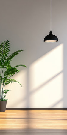 A bright and airy indoor setting highlights a green potted plant beside a wooden floor. Soft light streams in through a window casting gentle shadows on the wall.の素材