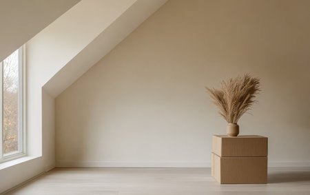 A bright and airy room showcases a simple design with slanted walls. A stylish arrangement includes a vase with dried plant atop two wooden boxes emphasizing modern minimalism.の素材