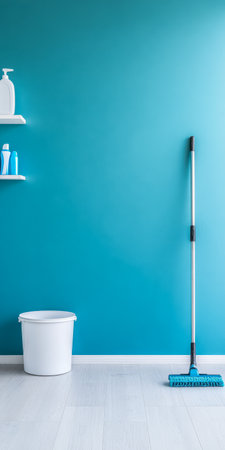 A vibrant turquoise wall provides a backdrop for a cleaning setup featuring a bucket and a mop. Various cleaning products are neatly arranged on a shelf enhancing the fresh look.の素材