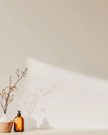 Soft light filters through creating gentle shadows of a vase and a bottle on a neutral wall. The simple arrangement emphasizes tranquility and minimalism in home decor.の素材