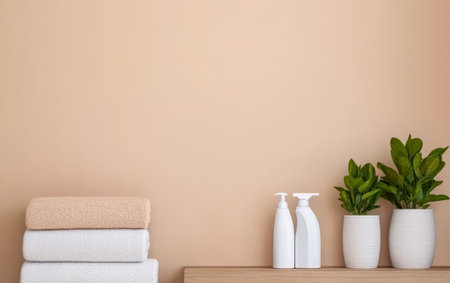 Soft beige walls create a calming atmosphere featuring neatly stacked towels modern white dispensers and lush green plants. This setup promotes serenity and cleanliness.の素材