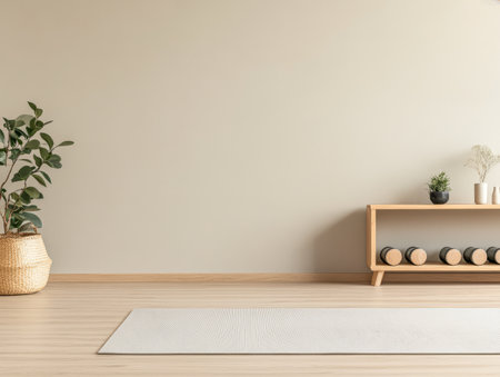 A serene interior space features a yoga mat laid out on light wood flooring complemented by a potted plant and a stylish shelf.の素材