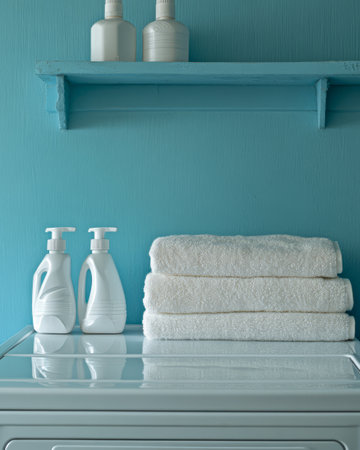 A tidy laundry area showcases neatly stacked white towels beside two white cleaning bottles. The bright blue wall color adds a refreshing touch to the space creating a calm atmosphere.の素材