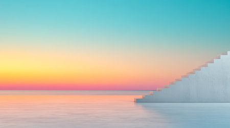 A modern white staircase leads toward the horizon where the sky displays vibrant hues of orange pink and blue. The calm waters reflect the stunning colors at dusk.の素材
