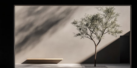A solitary tree stands beside a minimalist wooden bench casting shadows on a textured wall. Natural light creates a serene atmosphere emphasizing simplicity and calmness in design.の素材