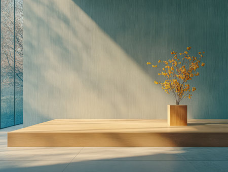 A serene indoor space highlights a simple wooden platform with a square vase. Bright yellow flowers add color enhanced by sunlight filtering through large windows.の素材