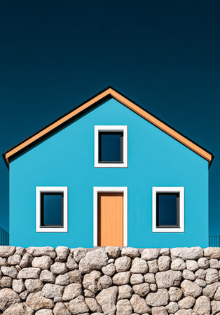A bright blue house with white trim and wooden door stands proudly against a clear sky. The structure features two windows on the upper level and a single door surrounded by a sturdy stone wall.の素材