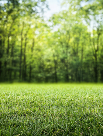 Lush green grass covers the ground in a serene forest clearing. Tall trees form a natural backdrop as sunlight filters through the leaves creating a peaceful atmosphere.の素材