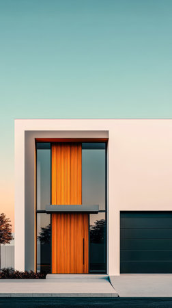 A contemporary house features a bold wooden door large windows and a minimalist style. The exterior is bathed in warm sunset light creating a stunning visual appeal.の素材