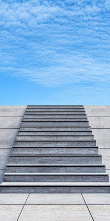 Concrete steps ascend towards a clear blue sky framed by wispy clouds. The environment conveys tranquility and openness inviting exploration and reflection.の素材