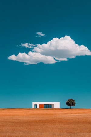 A minimalist house stands alone in a golden field under a vibrant blue sky. A single tree adds contrast to the scene while fluffy clouds float above creating a serene atmosphere.の素材