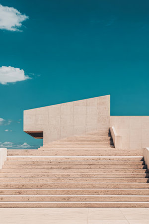 A striking set of steps leads up to a minimalist architectural structure. The design features clean lines and angles set against a vibrant blue sky with scattered clouds creating a serene atmosphere.の素材