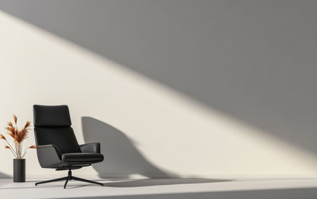 A sleek black chair is positioned in a minimalist interior surrounded by a soft shade of light. A small vase with dried plants adds a touch of warmth to the serene space.の素材