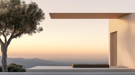 A minimalist outdoor lounge features a sleek platform with a sofa framed by an olive tree and a stunning sunset backdrop. The serene landscape offers a perfect escape for relaxation.の素材