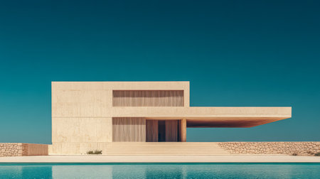A striking minimalist house stands prominently by a serene pool showcasing sleek lines and natural materials. The clear skies enhance the contemporary design's beauty creating a peaceful atmosphere.の素材