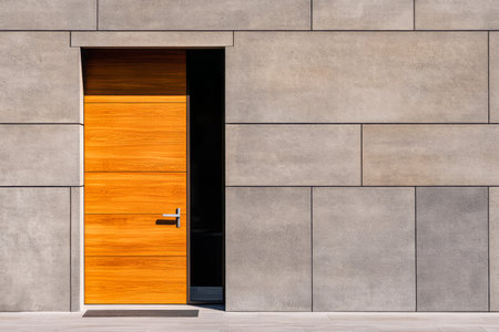 A minimalist wooden door with a sleek handle stands out against a textured concrete wall. The scene captures bright daylight enhancing the contrast between materials and colors.の素材