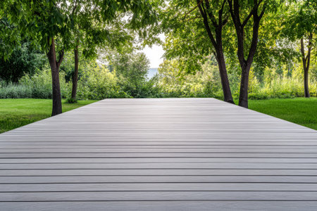 A spacious wooden deck rests amid vibrant green trees offering a serene and peaceful environment perfect for relaxation or gatherings.の素材