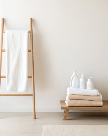 A serene bathroom setup features a wooden ladder holding a white towel and a shelf displaying neatly stacked towels and toiletries. Soft neutral tones enhance the peaceful ambiance.の素材