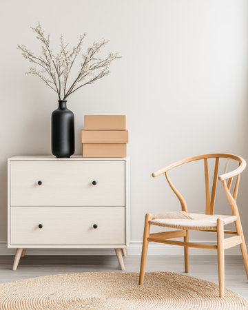A modern living room corner features a sleek drawer cabinet with two drawers a large black vase holding dry flowers and a simple wooden chair beside a round rug creating a cozy atmosphere.の素材