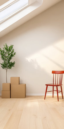 A bright airy room showcases a red wooden chair beside stacked cardboard boxes. Sunlight streams through skylights illuminating a small indoor tree enhancing the serene atmosphere.の素材