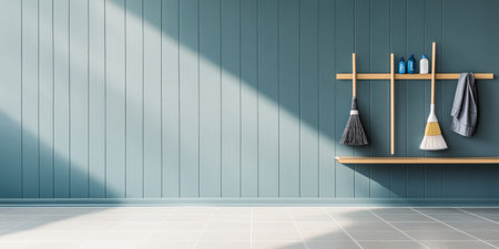 Cleaning tools are neatly arranged on a wooden shelf along a light blue wall. Bright sunlight casts soft shadows across the floor highlighting the organized space.の素材