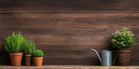 Green plants in terracotta pots are neatly arranged on a rustic wooden shelf. A metal watering can rests beside the plants creating a tranquil gardening atmosphere.の素材