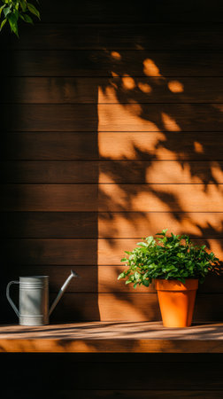 A bright and tranquil setting features a green potted plant next to a metallic watering can on a wooden shelf. Soft sunlight casts interesting shadows on the wall.の素材