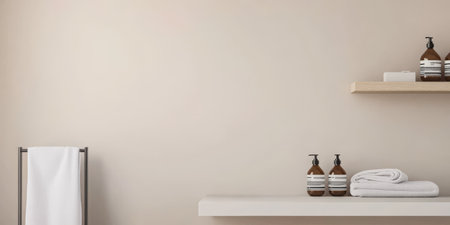 A serene bathroom showcases a clean minimalistic design with neatly arranged towels and elegant toiletries on a shelf. The neutral wall color enhances the tranquil atmosphere.の素材