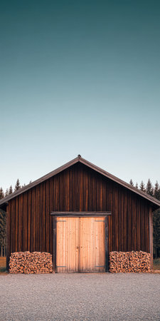 A rustic wooden barn stands in a tranquil forest clearing with piles of stacked logs on either side. The clear blue sky above enhances the peaceful atmosphere of the location.の素材