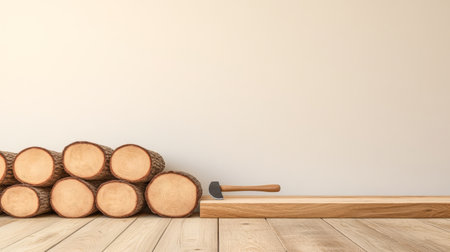 A neat arrangement of wooden logs is placed against a plain wall complemented by a wooden plank and an axe positioned on the floor creating a rustic atmosphere in a bright room.の素材