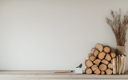 A cozy minimalist space showcases a neatly arranged stack of firewood beside a decorative vase with dried flowers. The clean wooden surface enhances the warm atmosphere.の素材
