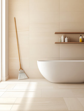 Bright and inviting bathroom highlights a freestanding tub with a sleek design complemented by wooden shelves displaying toiletries. A broom rests nearby on the clean tiled floor.の素材